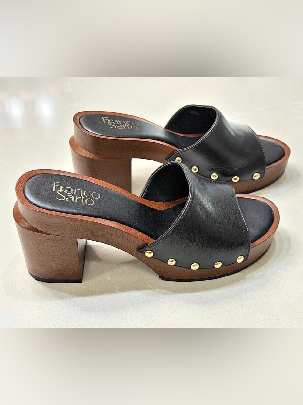 Franco Sarto Capri Clog Leather Studded Mules Black & Brown US 7.5